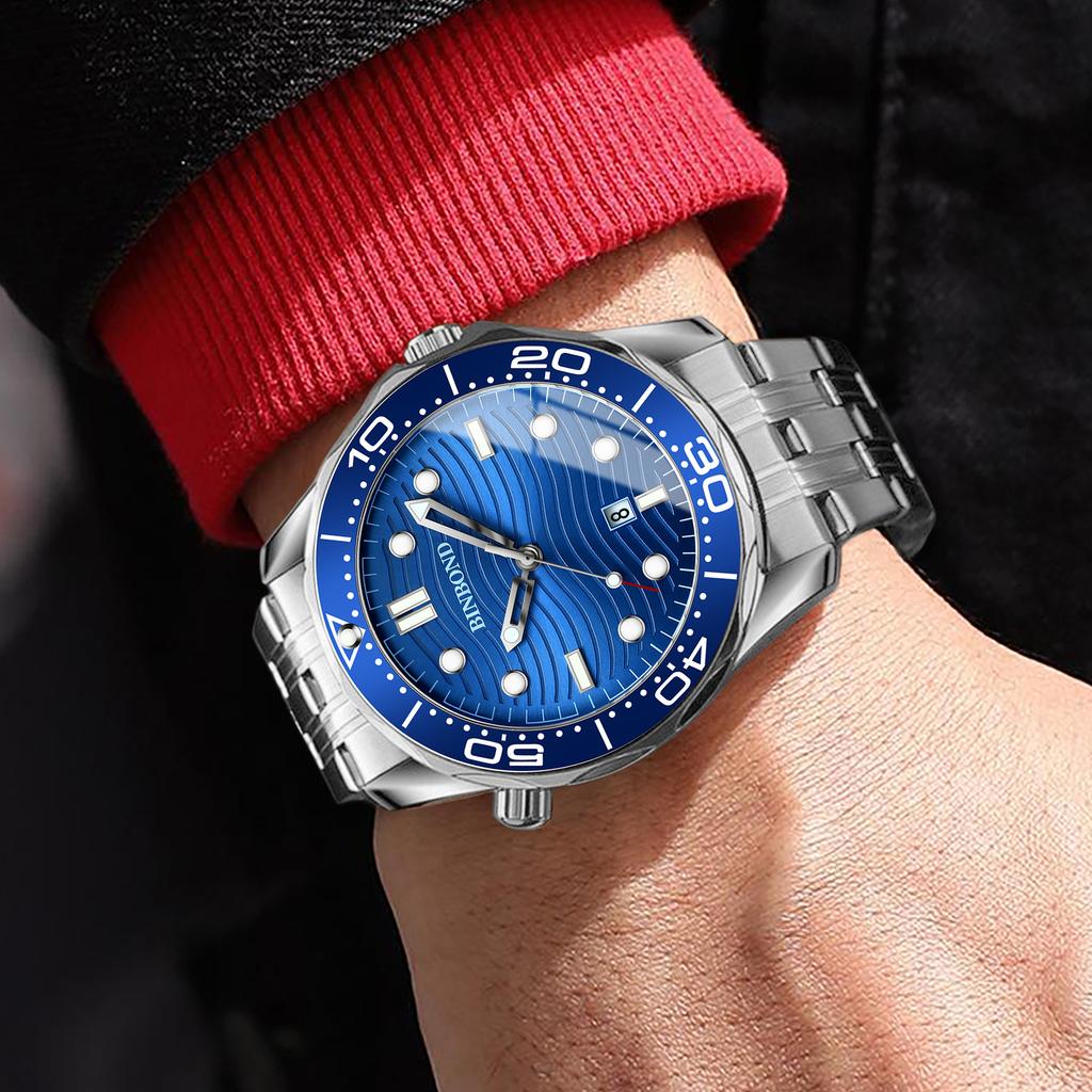 BINBOND Wave of Sea Luxury Durable Quartz Watch for Men Accurate Auto Date Luminous Waterproof Men's Watch Fashion Reloj+Box