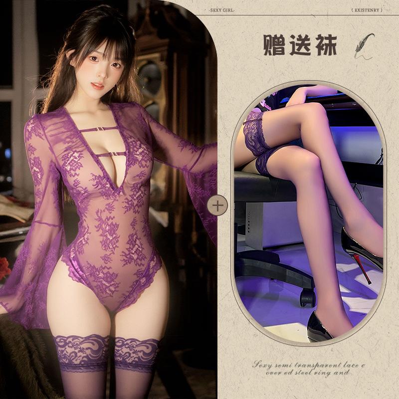 Sex Underwear Sexy Perspective Horn Sleeves Lace Deep V Hollow Pure Desire onesie