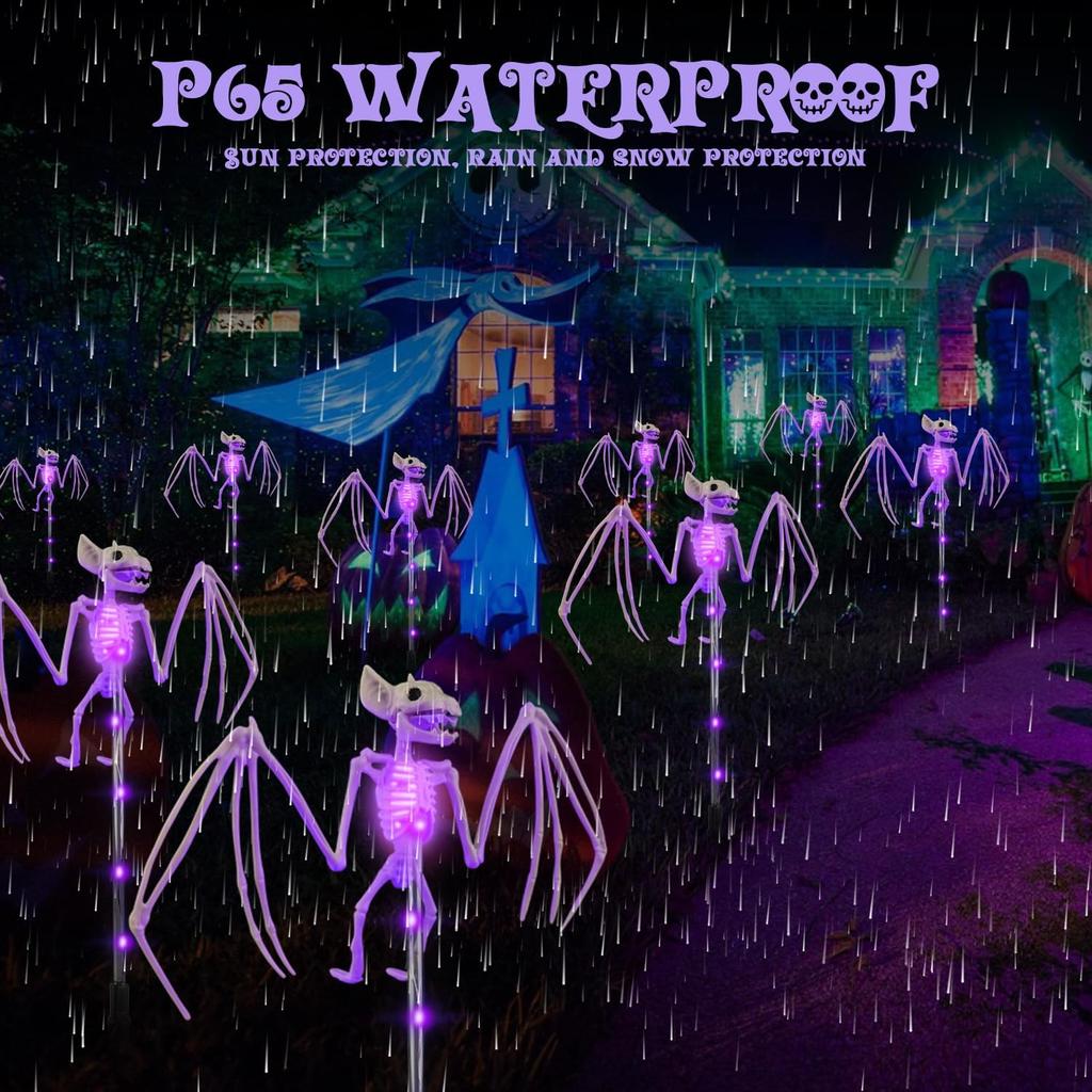 Хэллоуин Украшения Уличные Садовые Фонари на Солнечной Батарее, 2 ШТУКИ 3D Страшная Летучая Мышь Реалистичный Скелет Наружный Декор, Солнечные Жуткие Фонари для Дорожки в виде Летучих Мышей