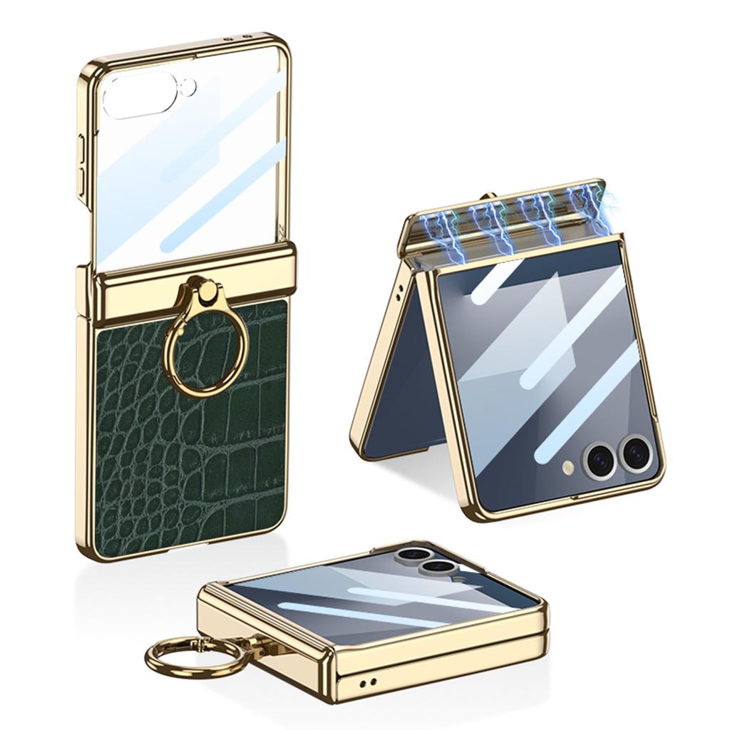 Suitable for Samsung Z FLIP7 Mobile Phone Case Electroplated Finger Ring Hinge Plain Leather Protective Case Flip7 Shell Film Anti Fall Full Package