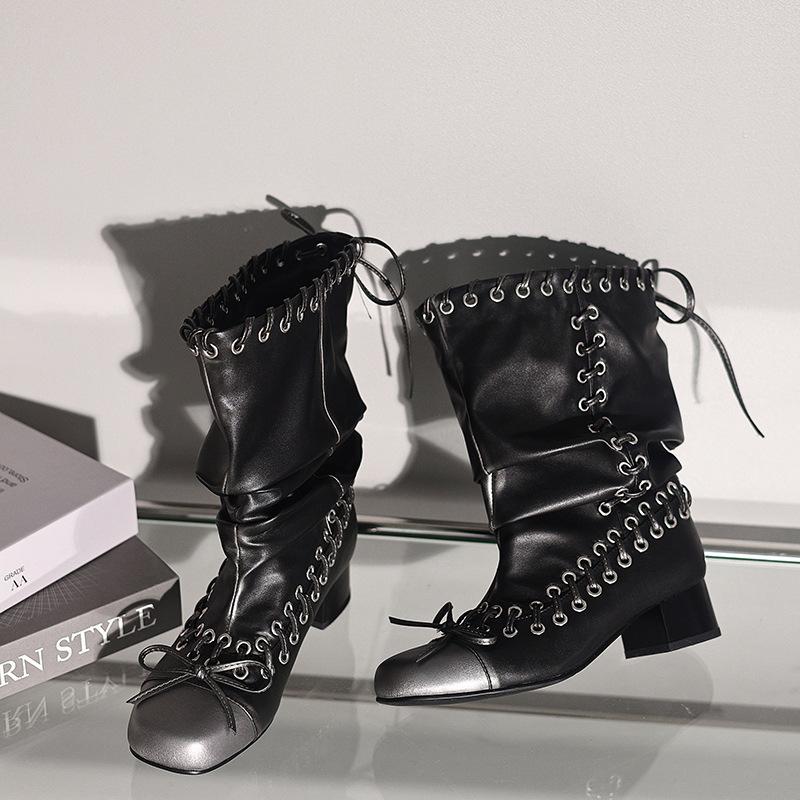 Spot 2025 autumn and winter new fashionable thick heel round head rivet bow short boots fashion wide women's boots