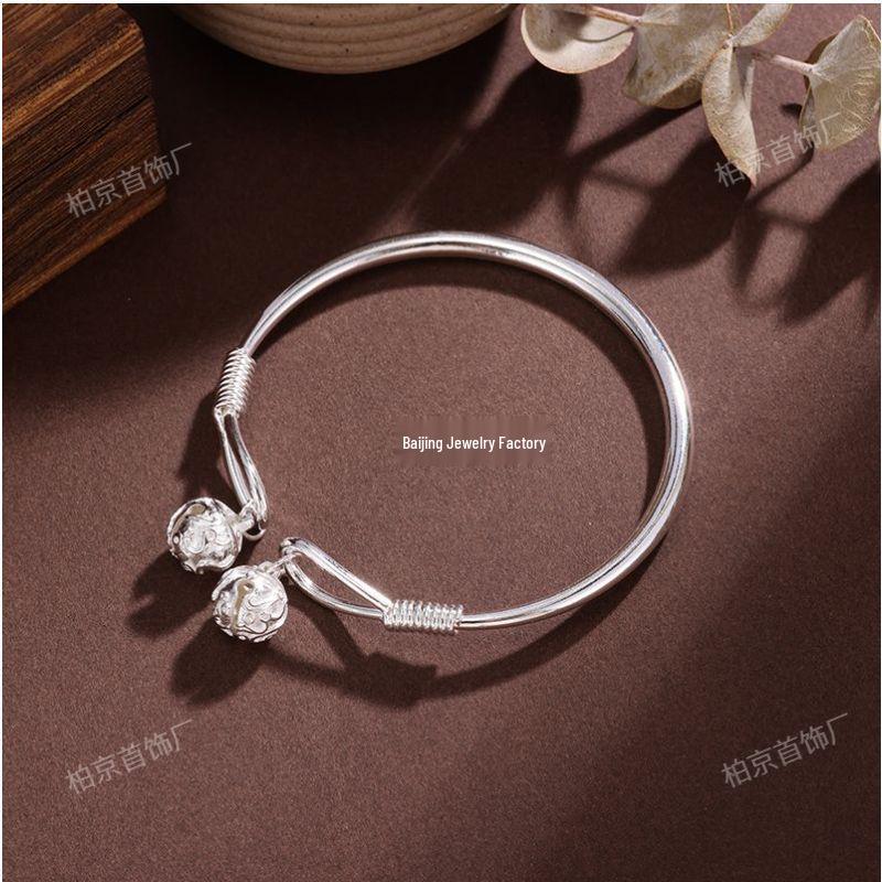 Silver-Plated White Copper Hollow Palace Bell Bracelet - Elegant Retro Open Cuff Bangle, Perfect Gift for Girlfriend, Stylish Niche Design.