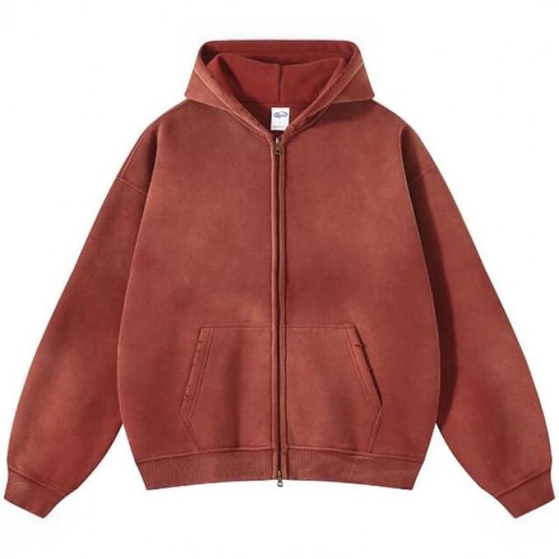 Mens Oversized Hooded Sweatshirt With Distressed Wash Print Heavyweight 400g Cotton Blend Zipper Front Casual Streetwear