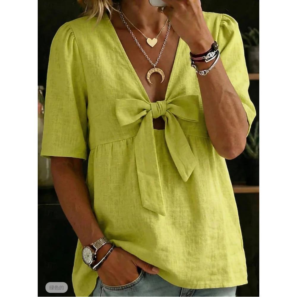 Women New Summer Fashion Loose Casual V-neck Tie Bow Blouse