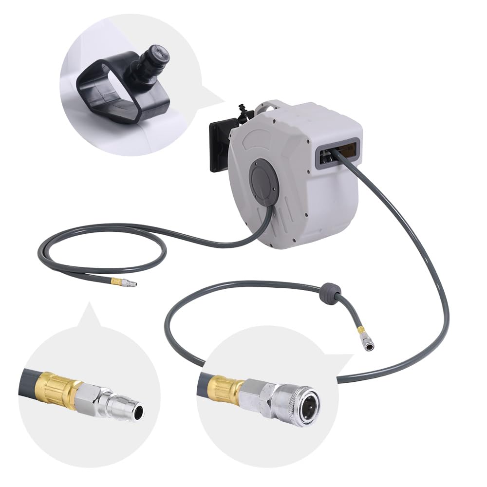 seathestars Automatic Retractable Air Hose for Pneumatic Hose Inner Coupler Reel, 20m, Wall-Mounted, Ceiling-Mounted, Portable, 180° Rotating, Tools,