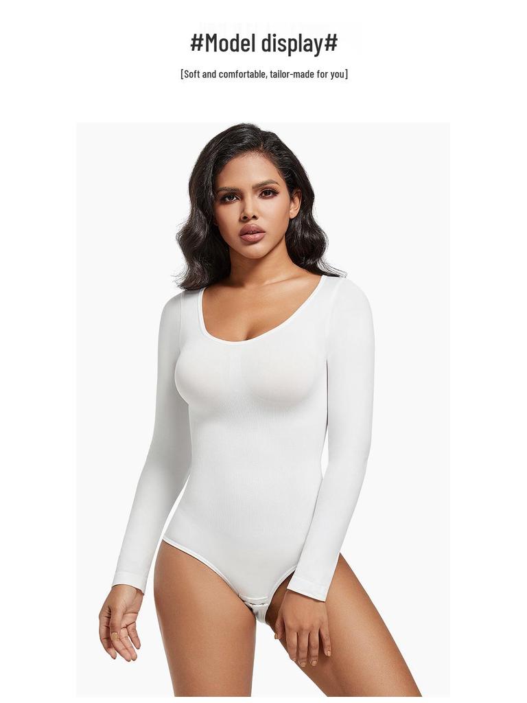 Women's Plus Size Seamless Body Shaping Long Sleeve Bodysuit with Tummy Control