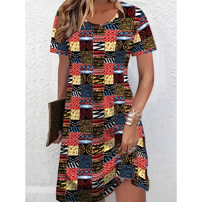 

Fashionable, casual and elegant vacation all-over printed breathable round neck short-sleeved T-shirt dress S