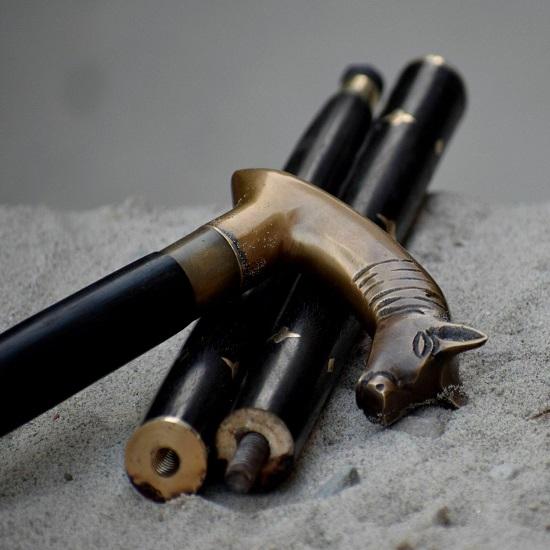 Designerska antyczna mosiężna rękojeść z głową zwierzęcia laska do chodzenia