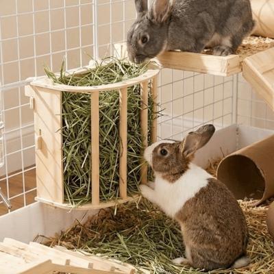 Wooden Bunny Hay Feeder Hanging Fixed Built-in Hay Feeder Rack Detachable Grass Dispenser Ferret Hay Manger Small Animals Cage