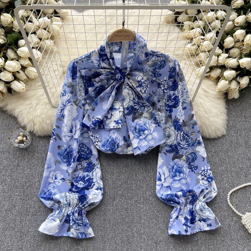

Vintage Court Style Floral Lantern Sleeve Fancy Shirt Blue 3XL