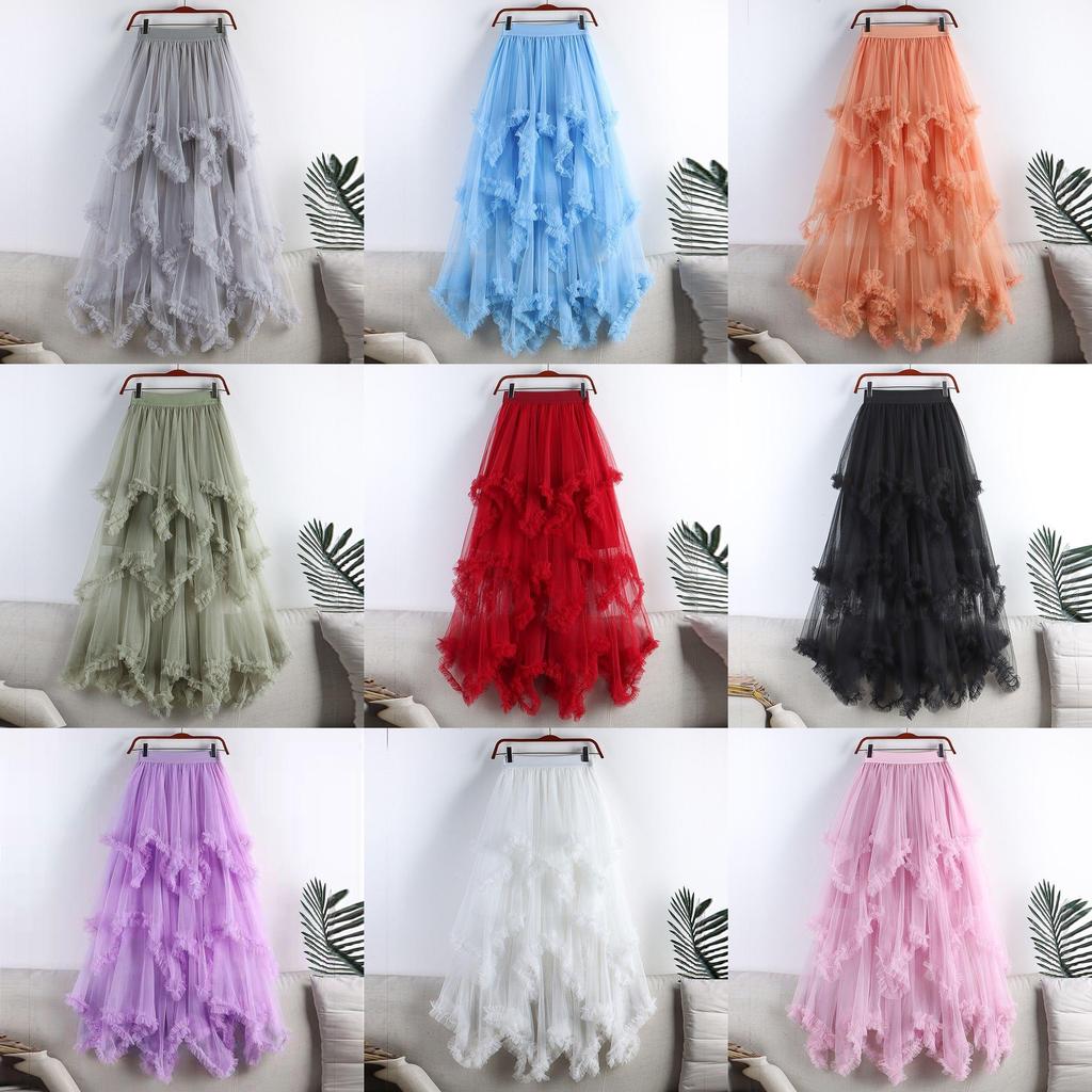 Princess Style Mesh Skirt With Ruffle Hem And High Waist For Summer Casual Wear