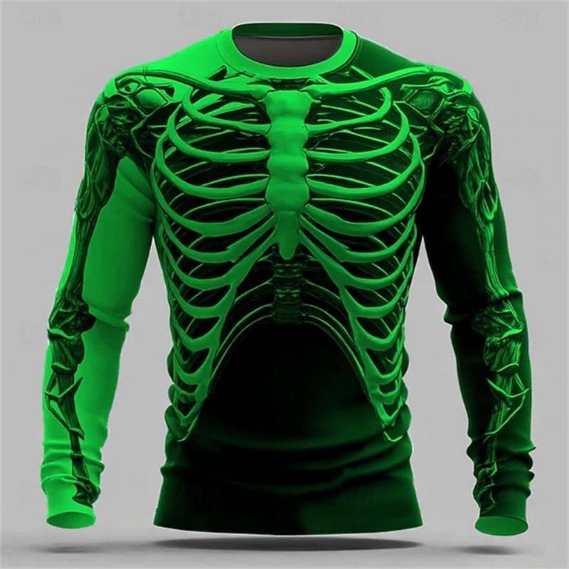 Mode Spier T-shirt Heren Gothic Lange Mouw T-shirt voor Heren Heren Lange Mouwen Halloween Schedel Print Cosplay Feest Kostuum