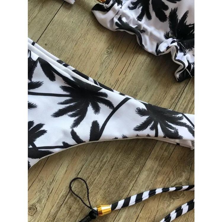 Sexy Black and White Coconut Tree Printed Bikini Sets Women Swimsuit Triangle Halter Swimwear Bathing Suit Brazilian