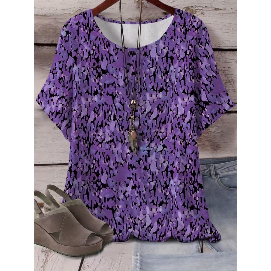 XL-7XL Plus Size Women's Gradient Casual 3D Print Loose V Neck Short Sleeved T-shirt Top