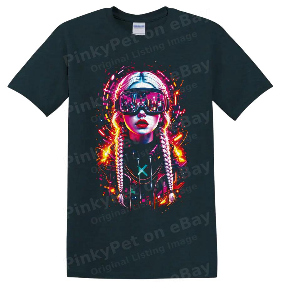 Cyberpunk VR Woman T Shirt Neon City Portrait Futuristic Gamer Art Graphic Tee