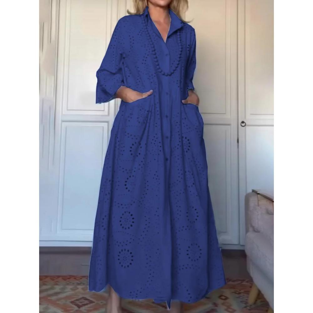 Spring and Autumn Solid-color Shirt Collar Loose Embroidered Cutout Large-sized Shirt Dress