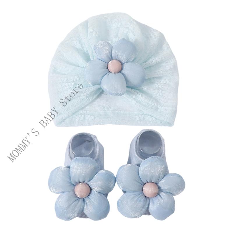 H3CD Baby Girls Turban Hat with Flower Accent Socks Newborns Bonnet 0-12 Month Infant синий