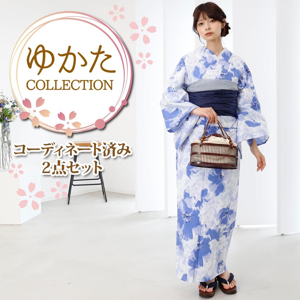 Yukata Set with Heiko Obi Soft and Watercolor Floral Summer Fireworks Free Size [GRAXIA] Women's 2-Piece (Sash), Crinkled, Pattern, Festival, Display,