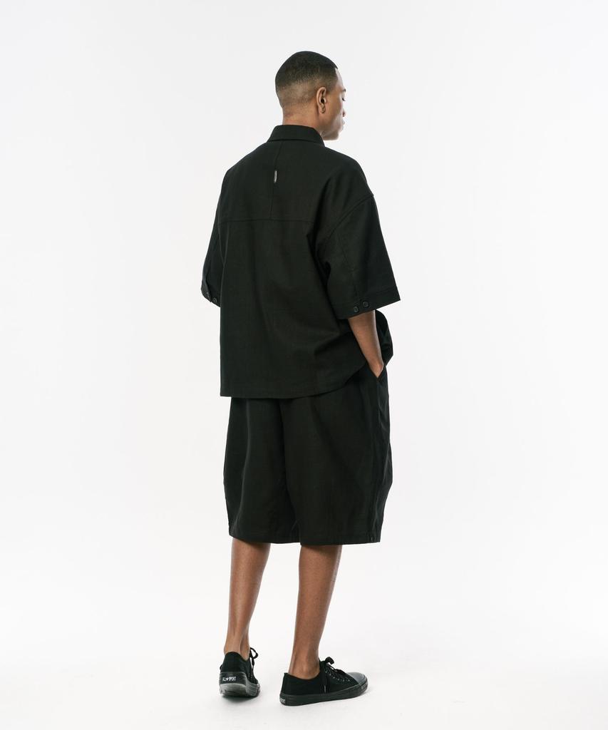 Codemorph Linen Texture Cotton Utility Short Sleeve Shirt Jacket Black