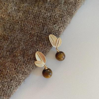 Retro Tiger Eye Stone Earrings with Leaf Design - Light Luxury Niche Maillard Design Celebrity Style