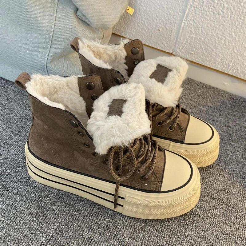 2025 Winter Women's Vulcanized Shoes Fur Womens Flat Shoes Increased Womens Sneakers Casual Female Canvas Shoes Tenis De Mujer