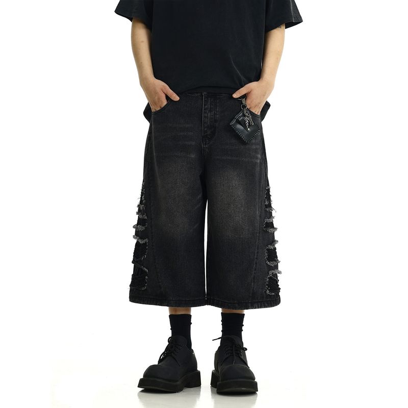 

American Washed Distressed Demin shorts Men s and Women s High Street Retro Cut Wide Leg All-Match Loose Straight Cropped Pants Fashion Black 2XL