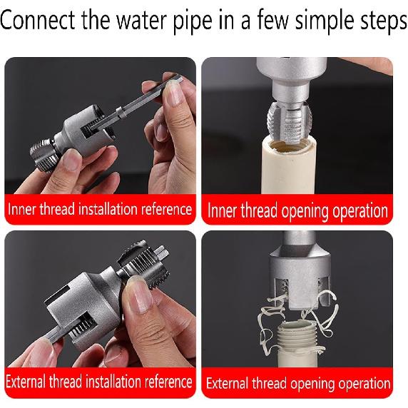 Pipe Thread Cutting Tool, Integrated Internal & External Pipe Threading Tool, Electric Drill Compatible Pvc Pipe Threader Kit, 1/2" (DN15) 3/4"