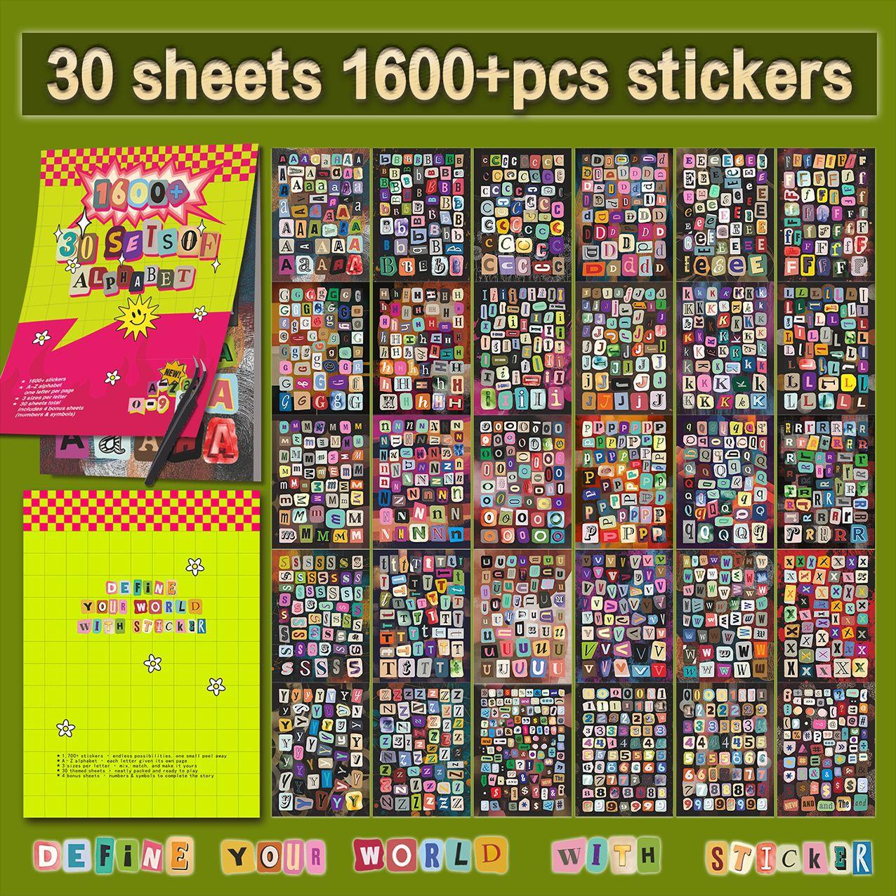 30 Sheets Alphabet Number Stickers Waterproof DIY Journal Decor Stickers 1600 Pieces