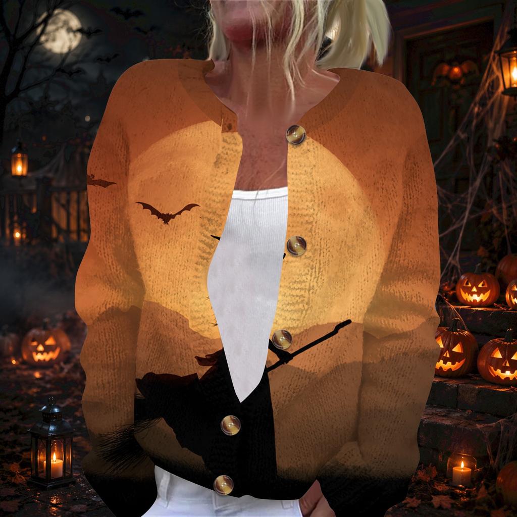 Women's Long Sleeve Halloween Print Cardigan with Button Front for Fall Festive Wear