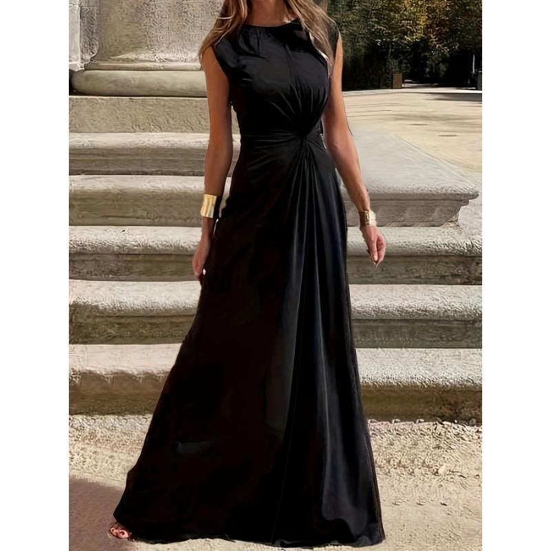 

VEZFAA женские модные летние весенние однотонные повседневные платья без рукавов с круглым вырезом и высокой талией L чёрный