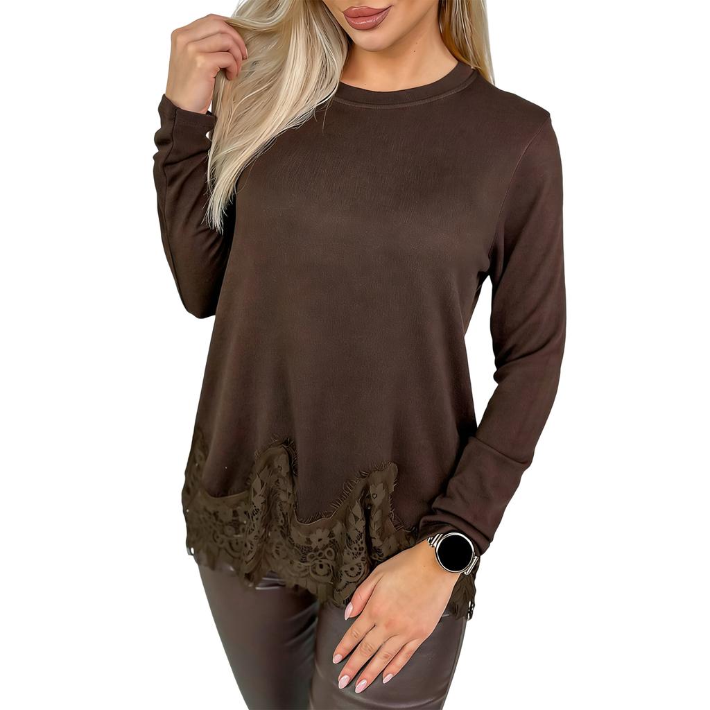 Women's Patchwork Long,Sleeved Elegant Round Neck Irregular Hem Top