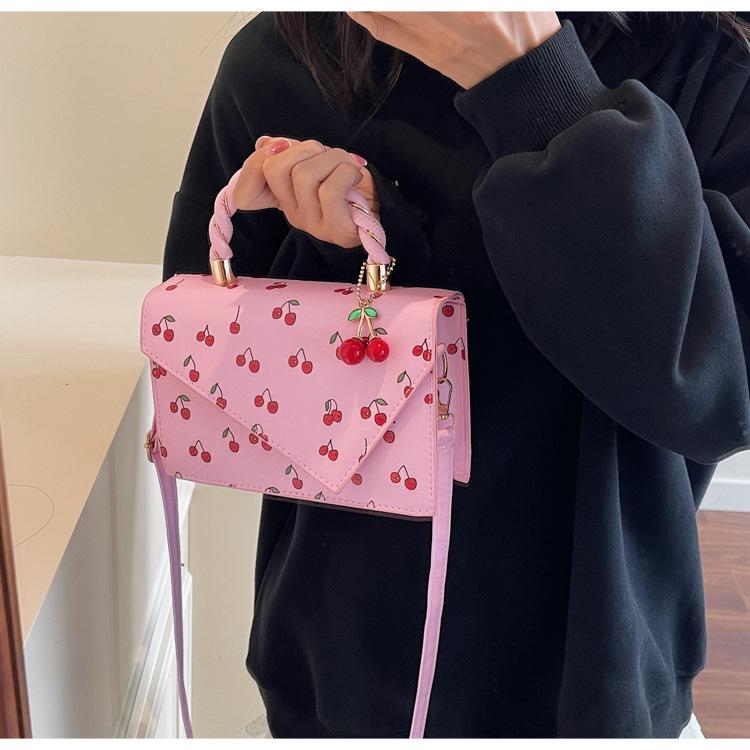 Borsa a tracolla quadrata in ecopelle con stampa ciliegie per donna, borsa a spalla carina