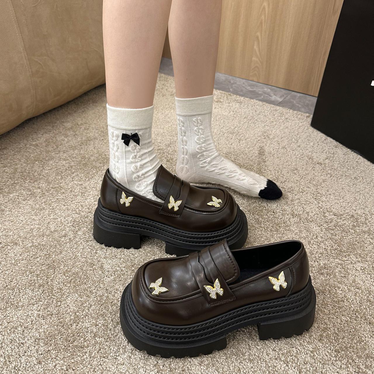 

Мода Мода Лоферы Обувь из ПУ кожи Обувь для женщин 2025 Новые Слипоны Каблуки Повседневная Толстая подошва Обувь с круглым носком каблуки женские 35 коричневый