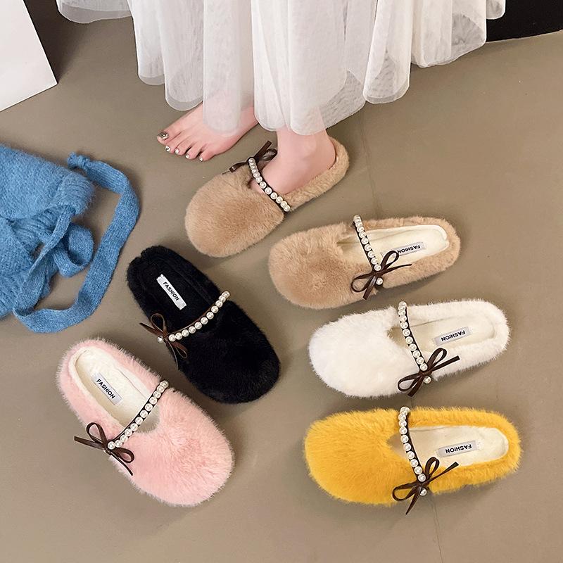 2025 French Large Size Flat Bottom Versatile Bag Head Half Slippers Femininity Slippers Fashion with Skirt Gentle Fluffy Shoes