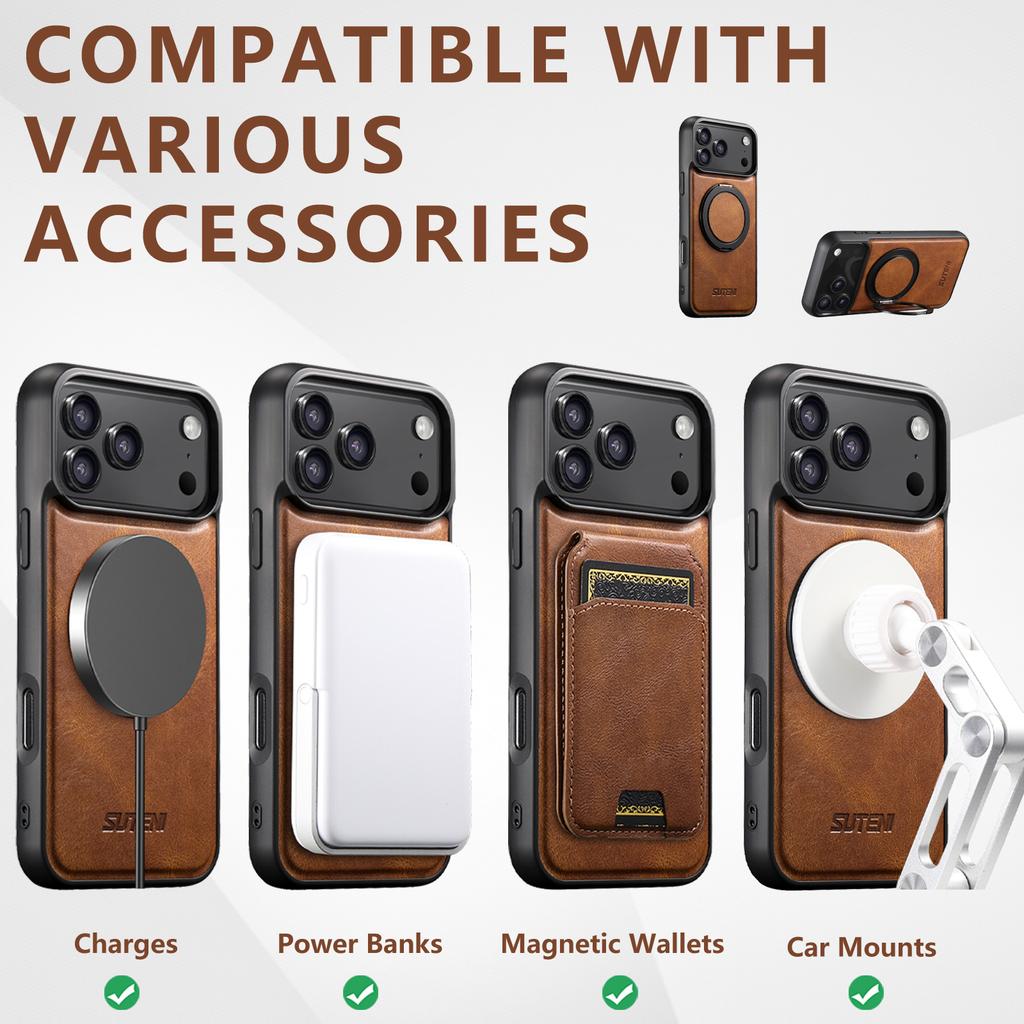 360 Rotating Magnetic Kickstand Waxed Grain Leather Phone Case for iPhone 17 Pro Max 16 15 14 13 12 Shockproof For Magsafe Cover