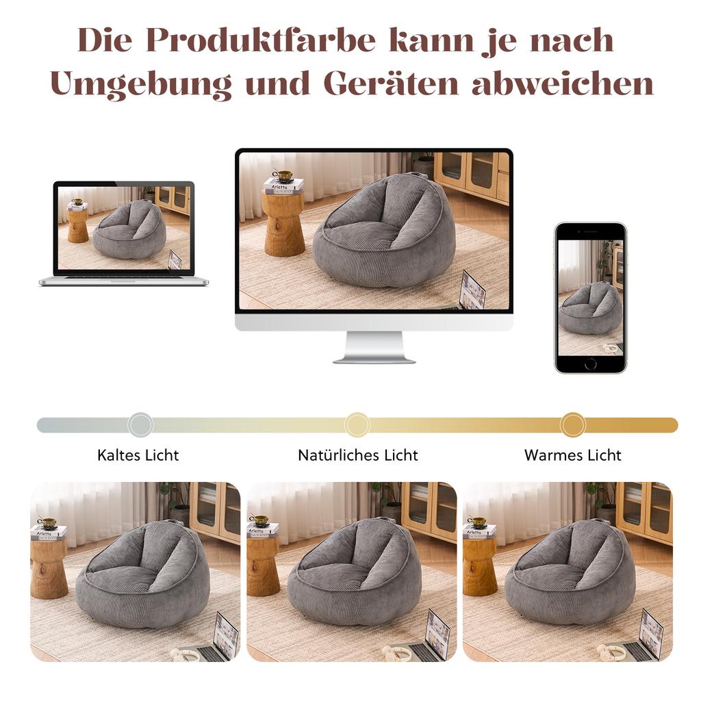 Sitzsack, Sitzsack für Erwachsene und Kinder, für Wohnzimmer, Schlafzimmer, Spielzimmer, Büro - Mittel (Hellgrau)