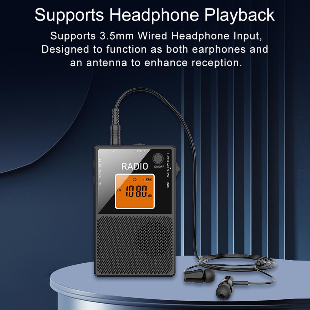 Mini Portable AM FM SW Radio Pocket Stereo Digital Radio with 3.5mm Earphone External Speaker LCD Rechargeable Radio for Outdoor