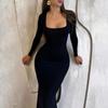 European and American Women's Clothing Square Collar Temperament Long Sleeve Slim-Fit Black Dress