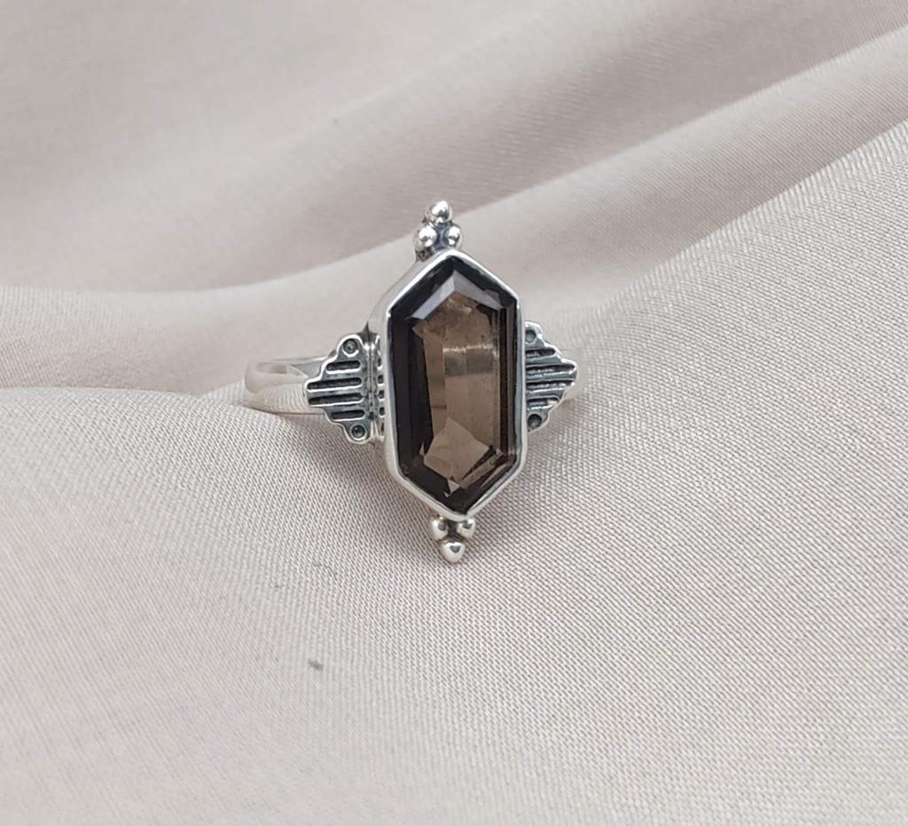 Smoky Quartz Sterling Silver Ring: Hexagon Gemstone, Boho Jewelry