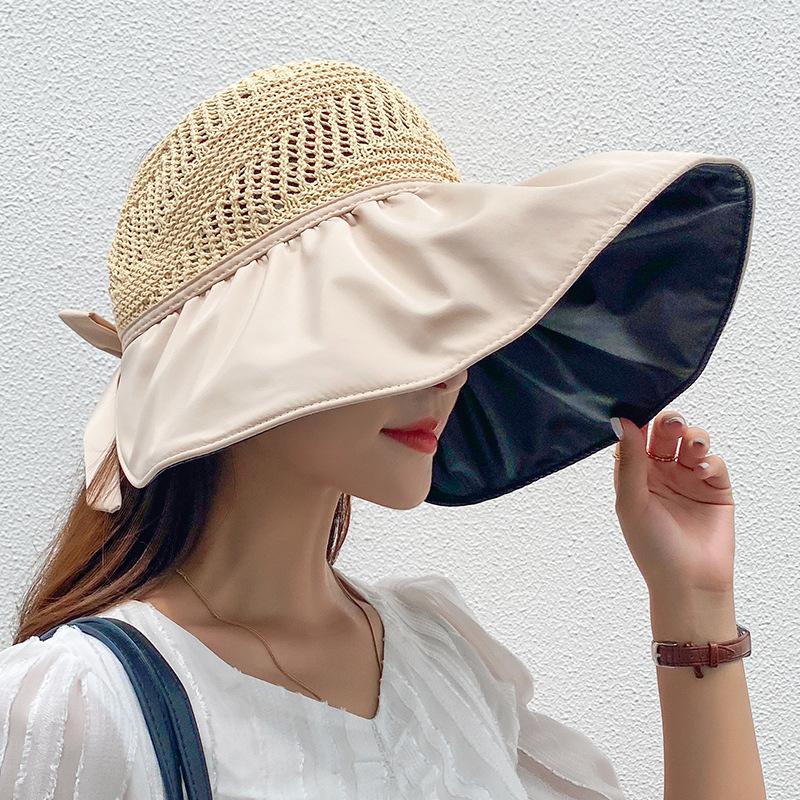Beach Hat Sun Hat Women's Summer Hollow Straw Hat Ultraviolet Large Brim Face Cover Sun Hat Fisherman Hat