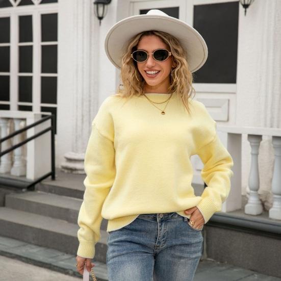 Women Sweater Tops Round Neck Long Sleeve Ribbed Hem Cuff Knitting Tops with Back Bow Decor Solid Color Knitwear