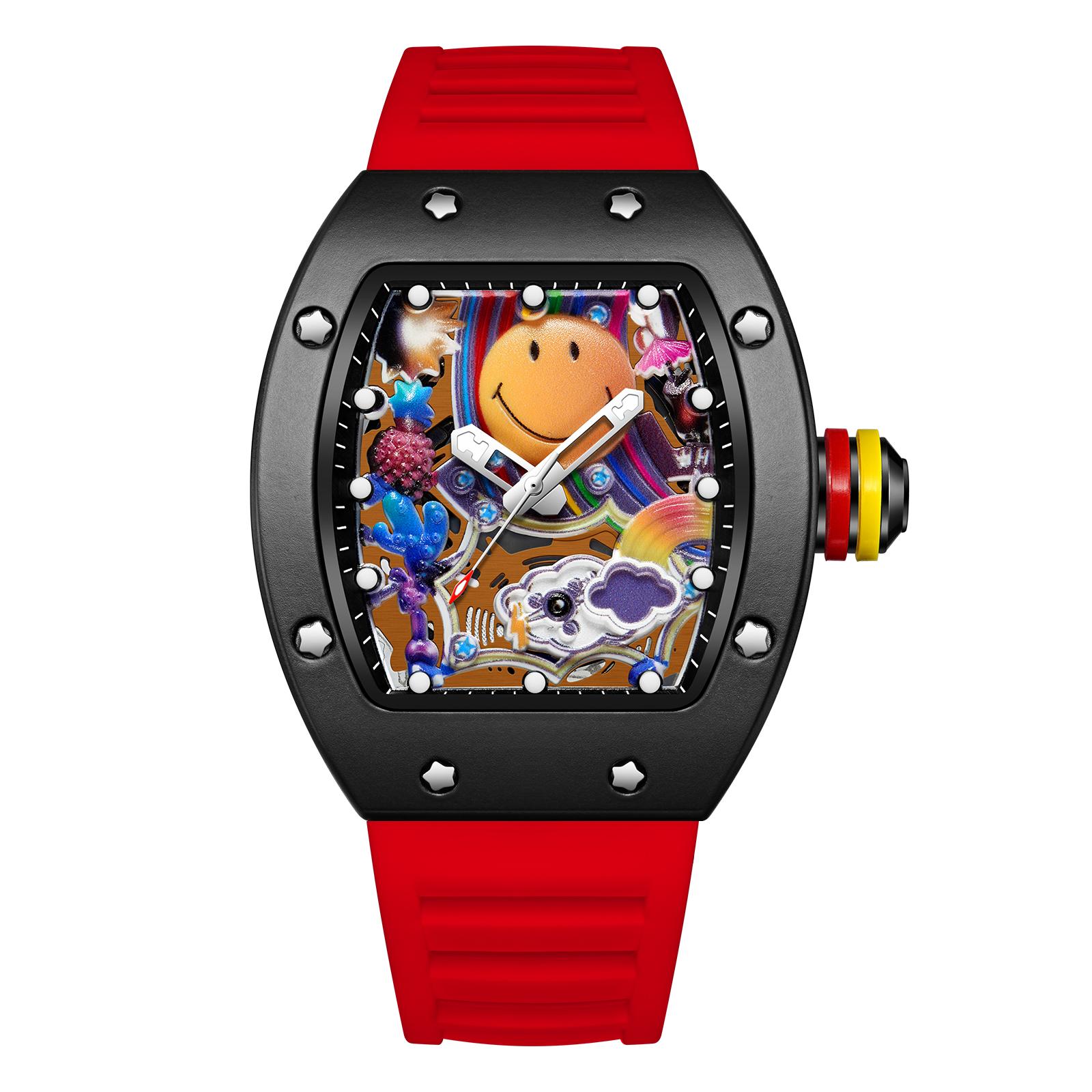 Waterproof Quartz Watch RM88 Inspired Smiley Dial Silicone Band Men Outdoor Wristwatch Sports Trendy Barrel Wristwatch