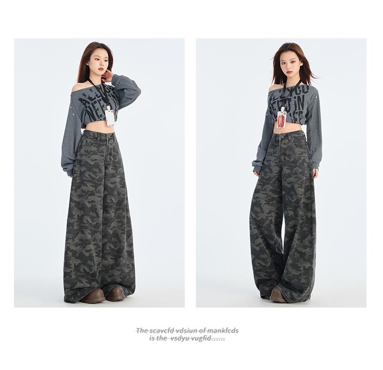 American-Style High-Waist Camo Jeans: Women's Wide-Leg, Slimming, Loose-Fit Pants for Spring 2025