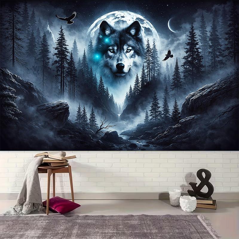Wolf Moon Tapestry, Majestic Wolf with Glowing Eyes In Pine Forest, Full Moon Night Scene Wall Hanging for Bedroom Living Deco