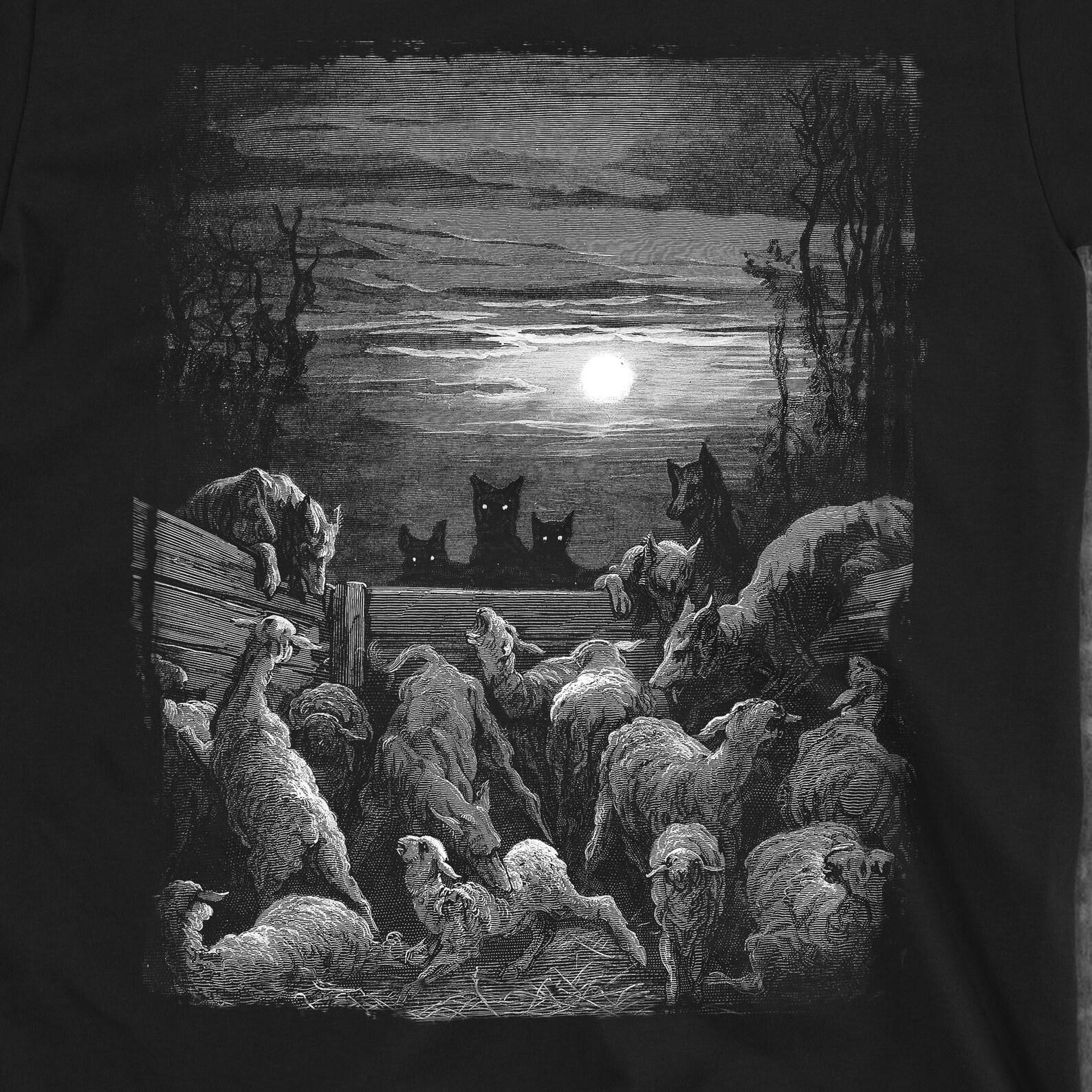 Gothic Wolves & Sheep T-Shirt | Gustave Doré Vintage Dark Art Tee 2XL