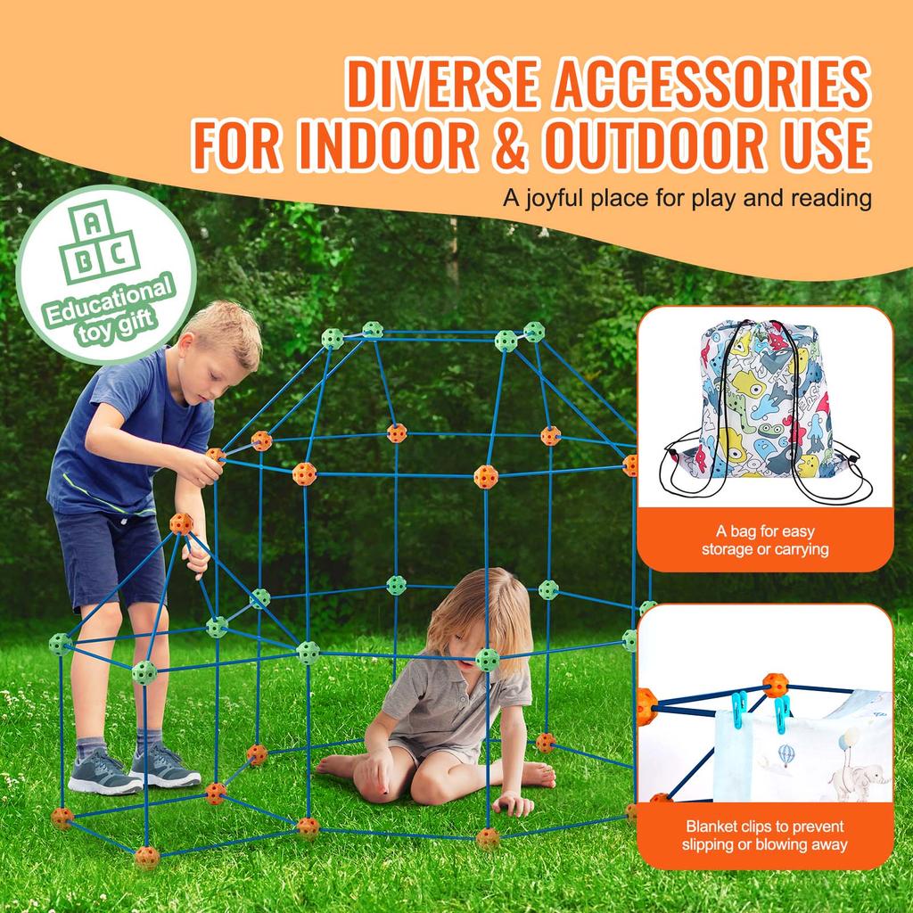 SucceBuy Fort Building Kit for Kids Building Toys with 120 Rods 60 Balls Indoor Outdoor Play Tent for Children Educational Gift