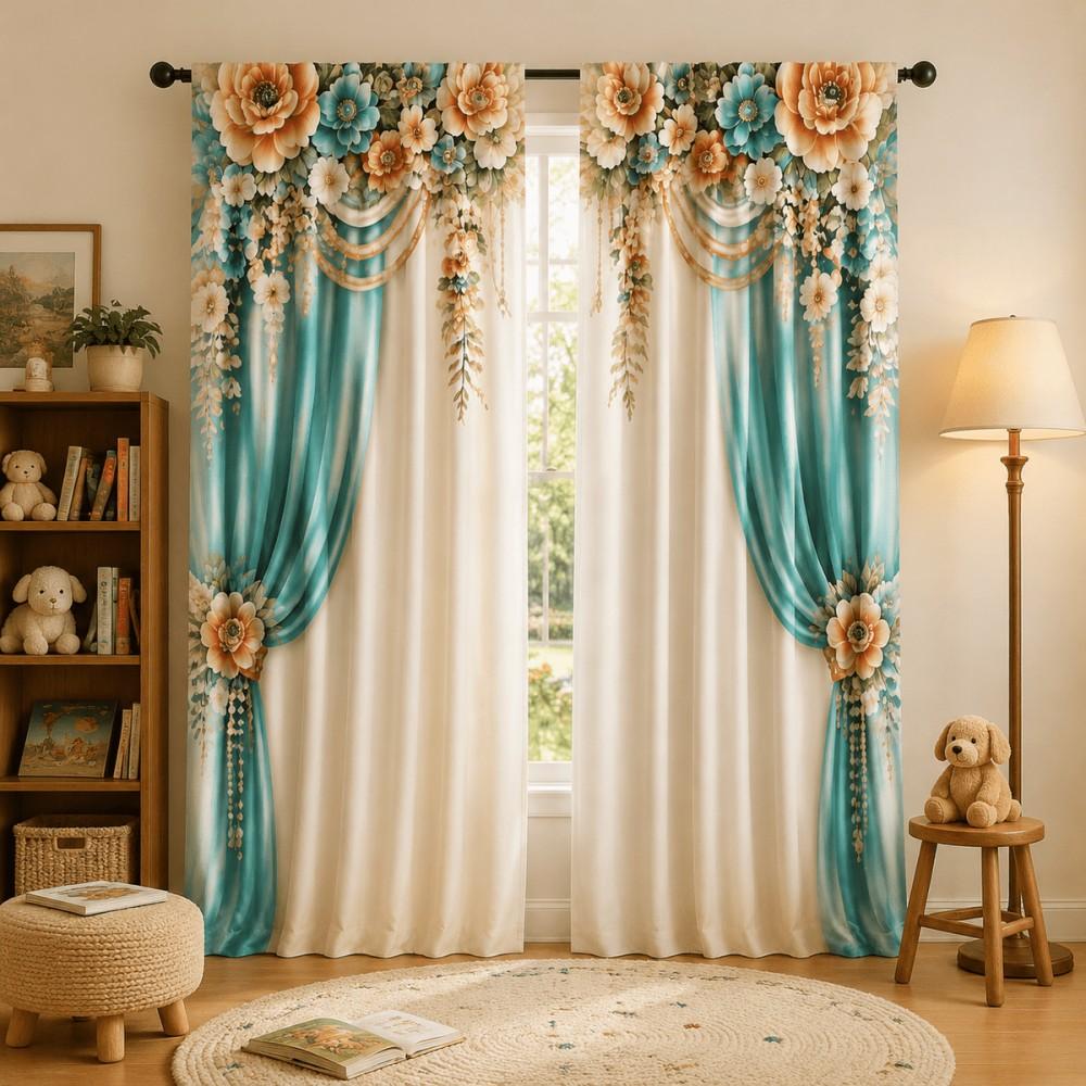2PCS Digital Print Curtains, European Classic Floral Damask Pattern, Luxury Vintage Style for Living Room Bedroom Home Decor