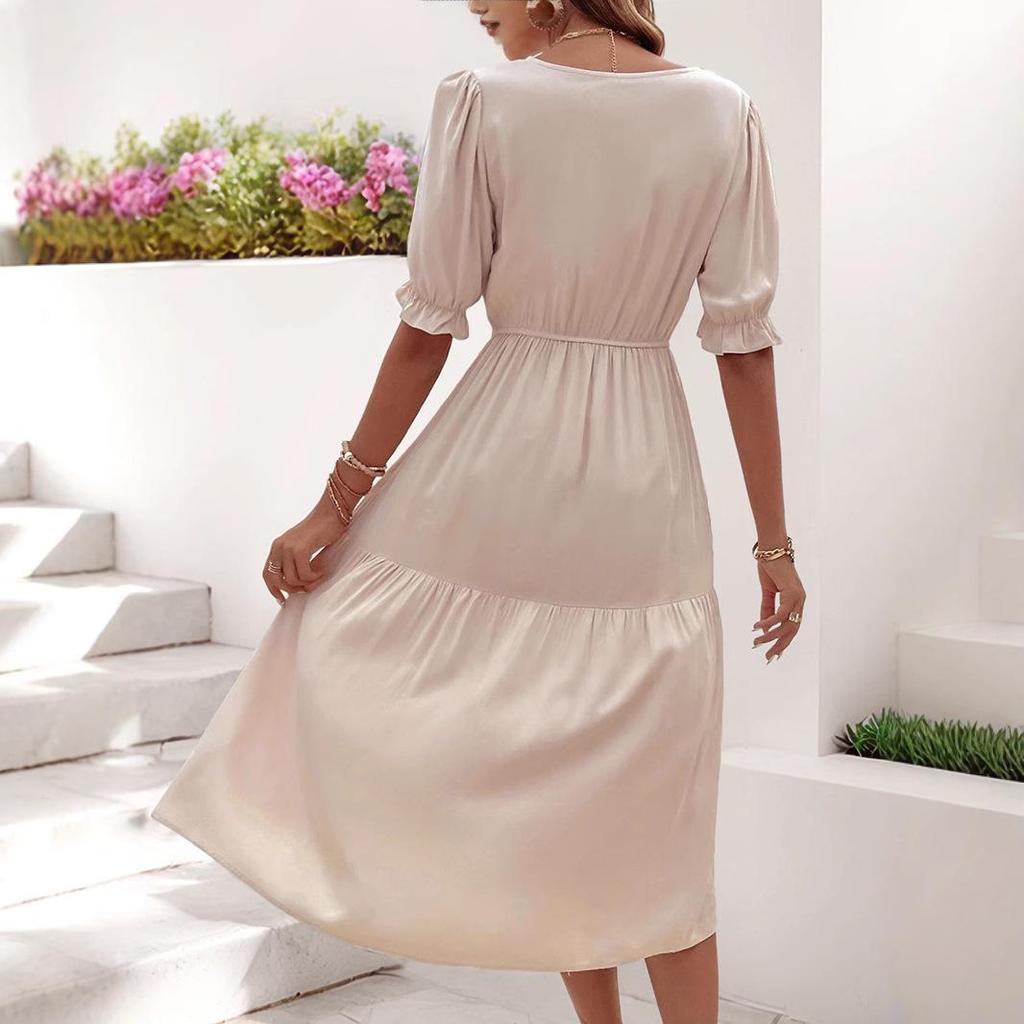 2025 European & American Summer Women's V-neck Solid Color Waist-cinching Dress