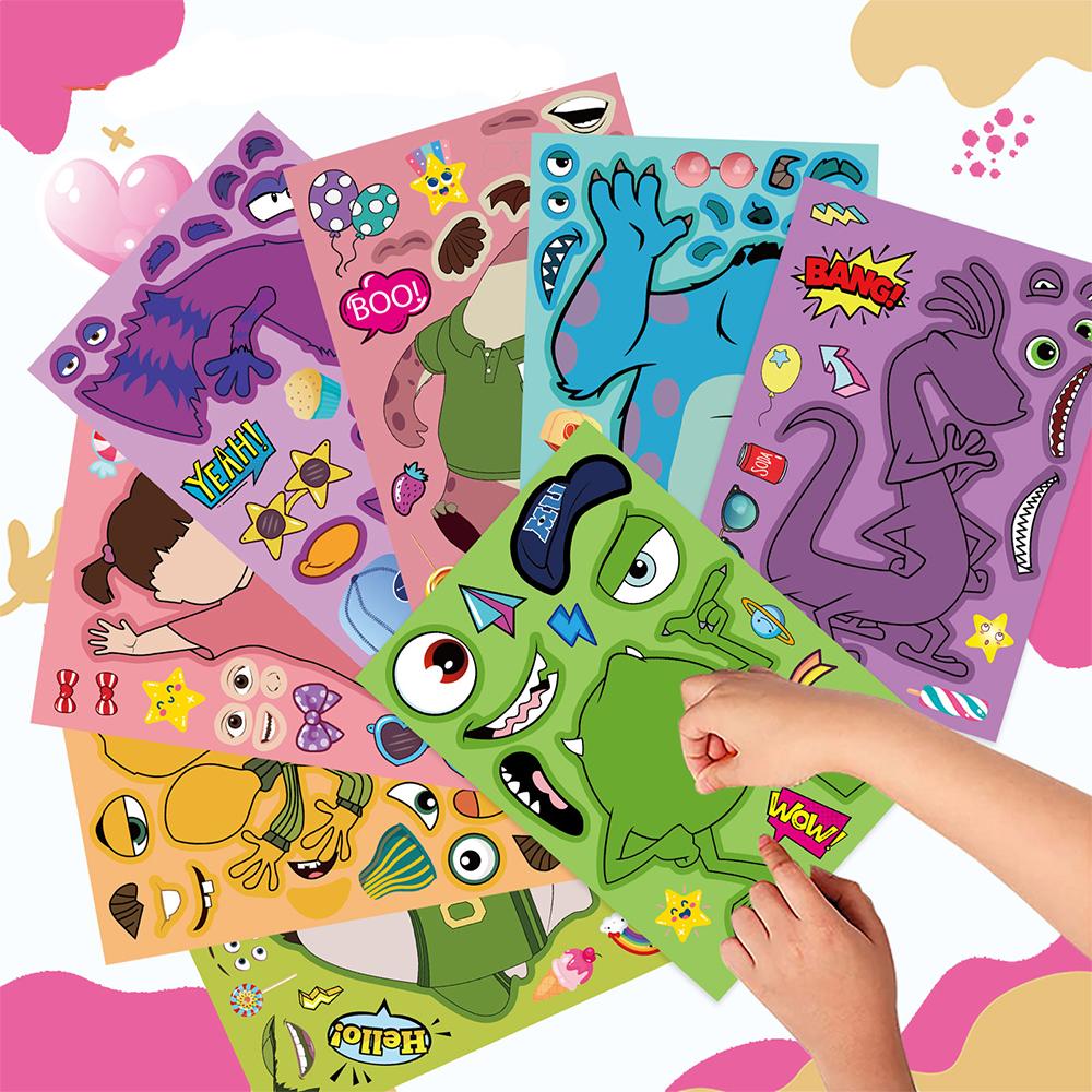 8/16Sheets Monsters Inc Puzzle Stickers Make a Face Assemble Jigsaw Decals Funny Cartoon DIY Toy Party Gift