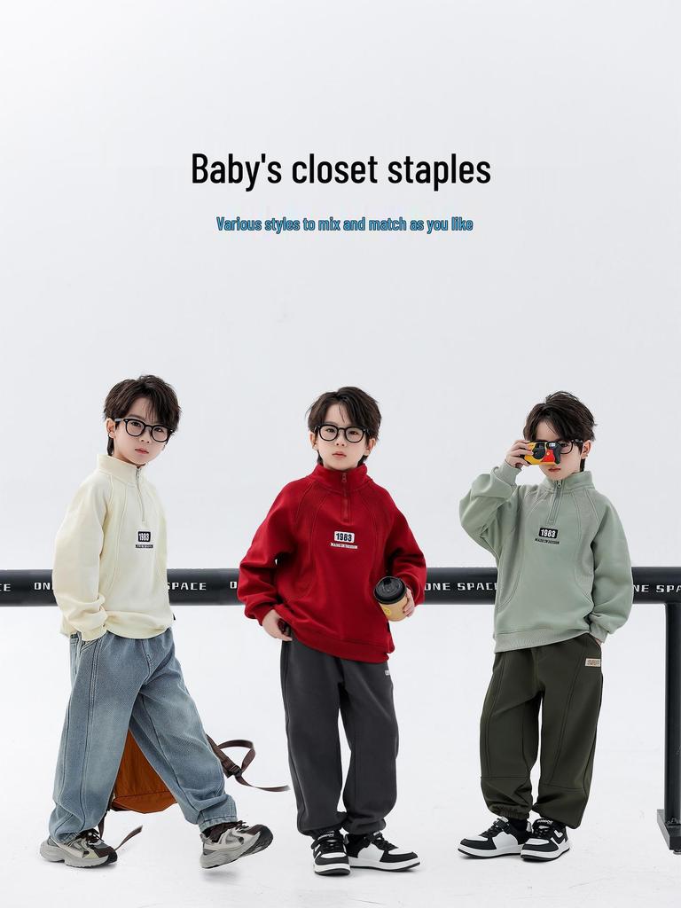 Boys' Velvet Half-Zip Stand Collar Hoodie: 2025 Winter Thickened One-Piece Top for Children